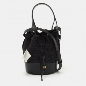 Pre Owned Loewe Grey/Black Canvas and Leather Balloon Anagram Bucket Bag