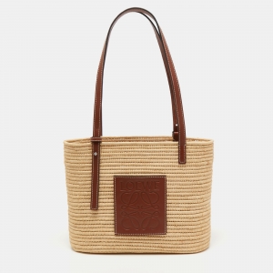 Pre Owned Loewe Beige/Tan Raffia and Leather Small Square Basket Bag