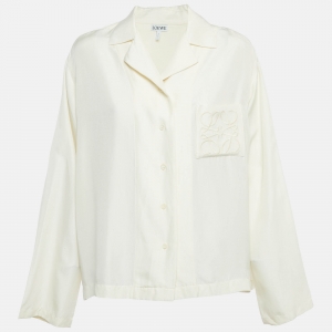 Pre Owned Loewe Cream Logo Embroidered Silk Anagram Shirt L