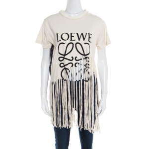 Pre Owned Loewe Cream Cotton and Silk Slub Jersey Logo Print Fringed T-Shirt L