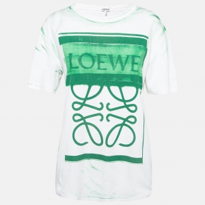 Pre Owned Loewe White/Green Anagram Print Cotton Knit Crew Neck T-Shirt M