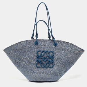 Loewe Blue Raffia and Leather Large Anagram Basket Tote