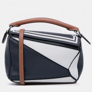 Pre Owned Loewe Navy Blue Mini Tricolor Calfskin Sailor Puzzle Satchel