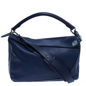Pre Owned Loewe Navy Blue Leather Large Puzzle Bag