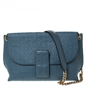 Pre Owned Loewe Blue Signature Embossed Leather Flap Shoulder Bag