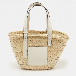 مملوكة مسبقًا  Loewe Beige/White Woven Raffia and Leather Basket Bag