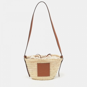 Pre Owned Loewe Beige/Tan Raffia and Leather Basket Shoulder Bag