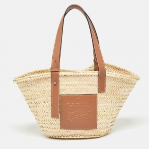 Pre Owned Loewe Brown/Cream Raffia and Leather Basket Tote