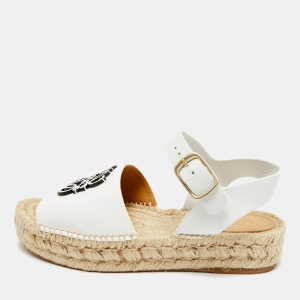 Pre Owned Loewe Anagram Size 38 White Canvas and Leather Espadrille Ankle Strap Sandals
