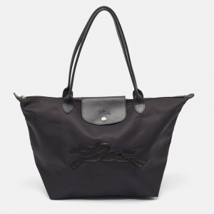Longchamp Black Nylon and Leather Large Le Pliage Tote