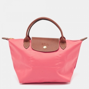 Longchamp Pink/Brown Nylon and Leather Small Short Le Pliage Tote