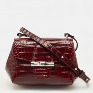 Pre Owned Longchamp Roseau Mini Burgundy Croc Embossed Leather Crossbody Bag