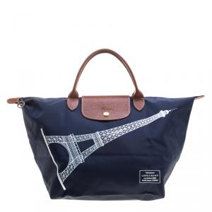 Longchamp Navy Blue Paris Print Nylon Medium Le Pliage Tote