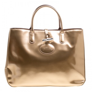 Longchamp Metallic Beige Patent Leather Roseau Tote