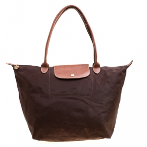 Longchamp Brown Nylon and Leather Medium Le Pliage Tote