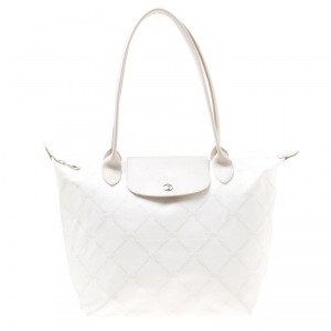 Longchamp White/Light Gold Logo Printed Coated Canvas Le Pliage Tote