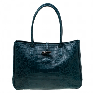Longchamp Green Croc Embossed Leather Roseau Tote