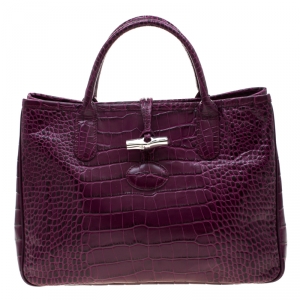 Longchamp Purple Croc Embossed Leather Roseau Tote 