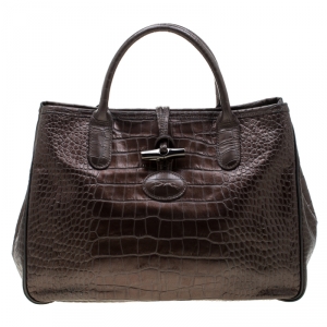 Longchamp Metallic Brown Croc Embossed Leather Roseau Tote