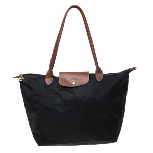 Longchamp Black Nylon and Leather Medium Le Pliage Tote