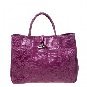 Longchamp Purple Croc Embossed Leather Roseau Tote
