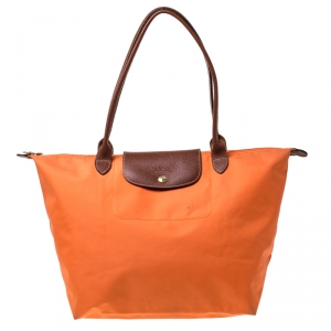 Longchamp Orange Nylon and Leather Medium Le Pliage Tote
