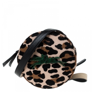 Longchamp Beige/Black Leopard Print and Leather Round Crossbody Bag