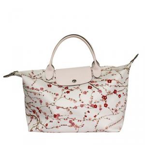 Longchamp White Nylon Floral Print Canvas Tote Bag