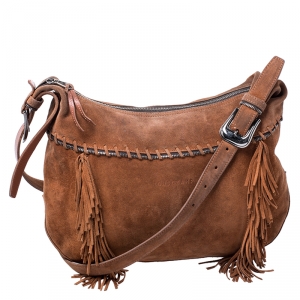 Longchamp Brown Suede Fringed Zipper Trim Hobo Bag