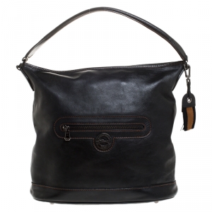 Longchamp Black Leather Front Pocket Hobo