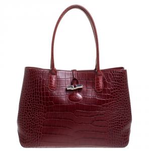 Longchamp Red Croc Embossed Leather Roseau Tote