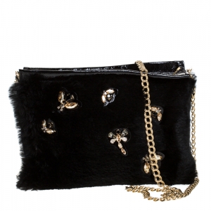Longchamp Black Embellished Fur and Patent Leather Evening Bag