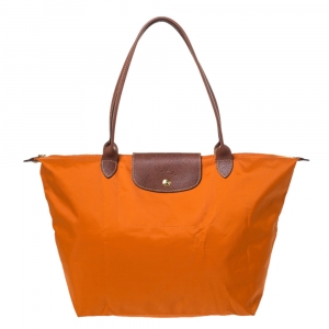 Longchamo Orange/Brown Nylon and Leather Le Pliage Tote