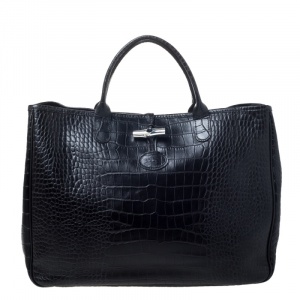 Longchamp Black Crocodile Embossed Leather Roseau Tote 