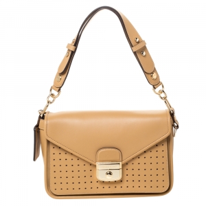 Longchamp Beige Perforated Leather Le Pliage Heritage Top Handle Bag