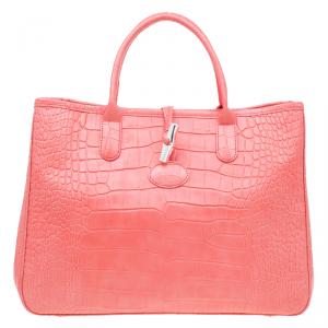 Pre Owned Longchamp Corail Pink Croc Embossed Leather Roseau Tote