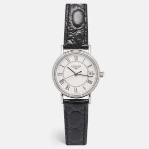 Pre Owned Longines White Stainless Steel Leather Presence L4.220.4.11.2 Women's Wristwatch 23.5 mm