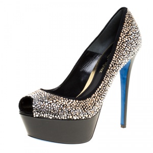 Loriblu Bijoux Black Crystal Embellished Suede Peep Toe Platform Pumps Size 39