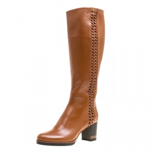 Loriblu Brown Leather Weave Detail Knee High Boots Size 38.5