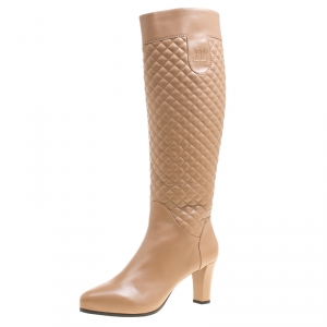 Loriblu Brown Quilted Leather Faux Fur Lined Knee Length Boots Size 40