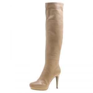 Loriblu Beige Leather Faux Fur Lined Platform Knee Length Boots Size 38.5
