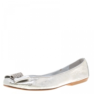 Loriblu Bijoux Metallic Silver Leather Crystal Embellished Bow Square Toe Ballet Flats Size 40