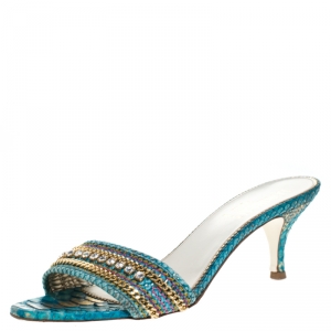 Loriblu Two Tone Blue Python Leather Crystal And Chain Embellished Slide Mules Size 39