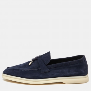 Loro Piana Navy Blue Suede Summer Charms Walk Loafers Size 38