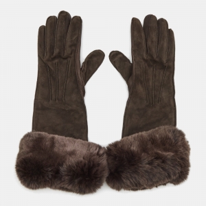 Loro Piana Brown Suede and Leather Fur Trim Gloves M