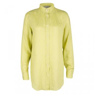 Loro Piana Yellow Linen Mandarin Collar Long Sleeve Button Front Shirt M