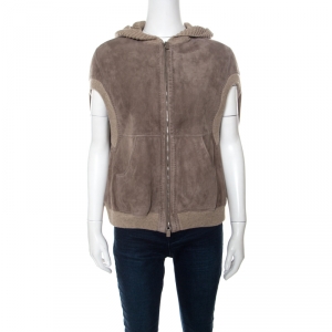 Pre Owned Loro Piana Beige Suede Shearling Lined Sleeveless Hooded Bomber Jacket M