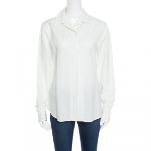 Loro Piana White and Green Striped Cotton Linen Long Sleeve Shirt M