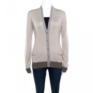 Loro Piana Beige Contrast Trim Detail Cashmere and Silk Cardigan M