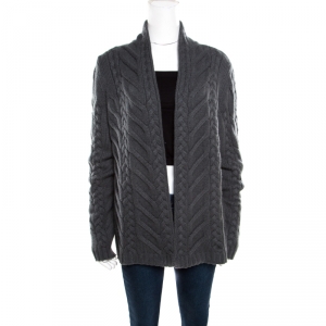 Loro Piana Grey Chunky Cable Knit Open Front Cardigan L
